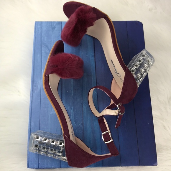 Burgundy Clear Chunky Heels Strapped - Picture 5 of 6
